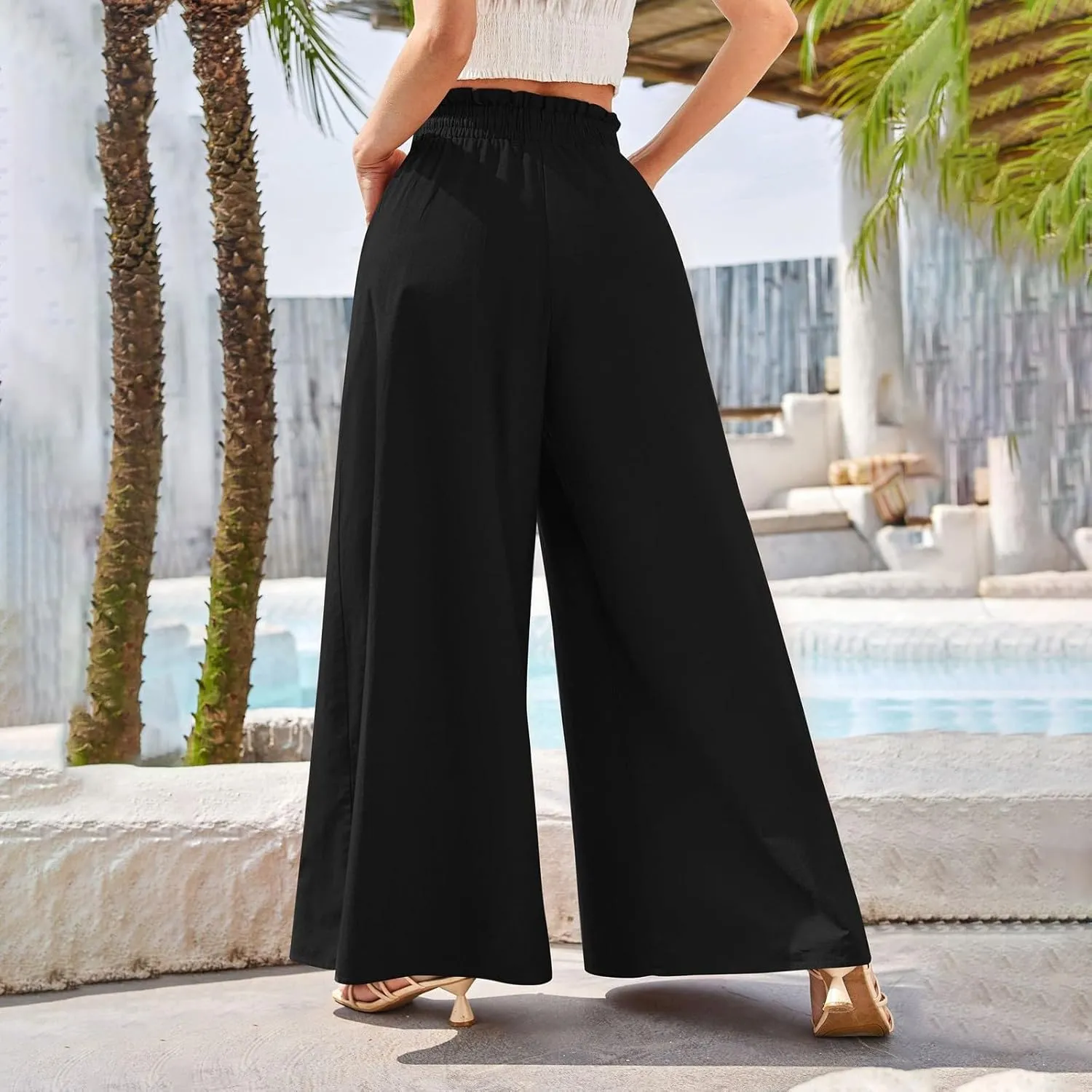 Women Wide Leg Pants Palazzo High Waist Smock Waist Linen Casual Loose Drawstring Flowy Lounge Trousers with Pockets