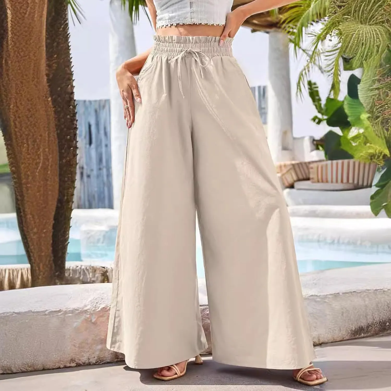Women Wide Leg Pants Palazzo High Waist Smock Waist Linen Casual Loose Drawstring Flowy Lounge Trousers with Pockets