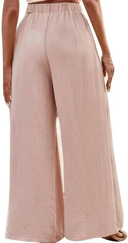 Women Wide Leg Pants Palazzo High Waist Smock Waist Linen Casual Loose Drawstring Flowy Lounge Trousers with Pockets