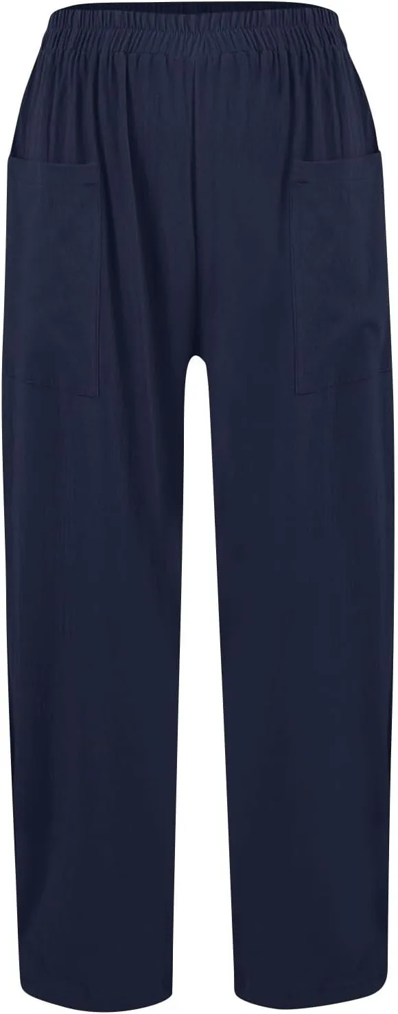 Womens Baggy Wide Leg Pants Plus Size Casual Loose Elastic Waisted Comfy Palazzo Lounge Harem Pants with Pockets