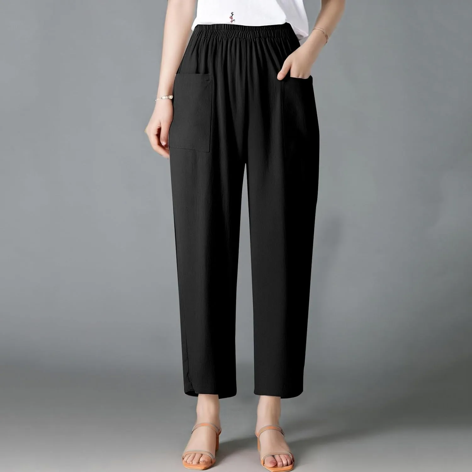 Womens Baggy Wide Leg Pants Plus Size Casual Loose Elastic Waisted Comfy Palazzo Lounge Harem Pants with Pockets