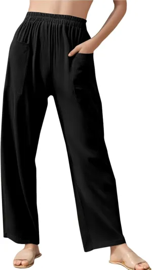 Womens Baggy Wide Leg Pants Plus Size Casual Loose Elastic Waisted Comfy Palazzo Lounge Harem Pants with Pockets