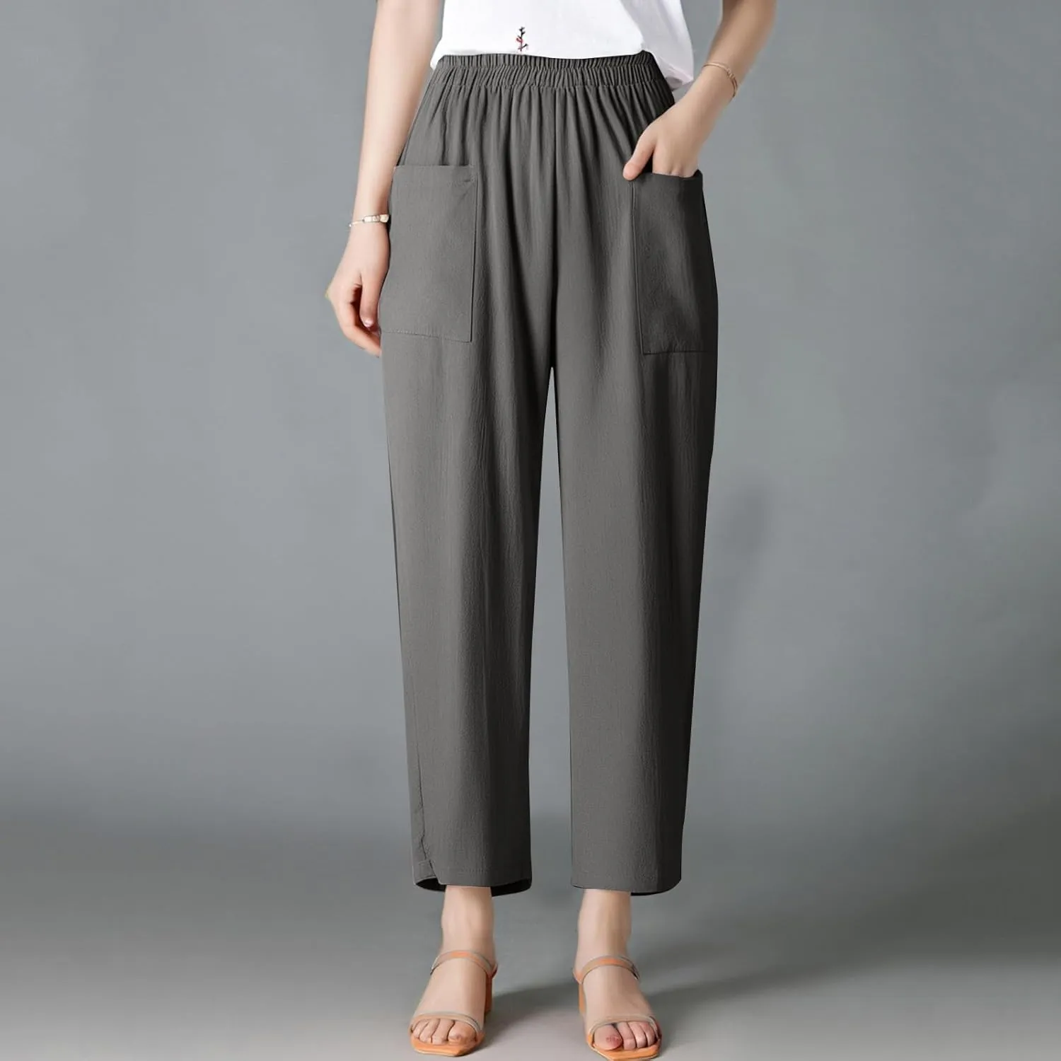 Womens Baggy Wide Leg Pants Plus Size Casual Loose Elastic Waisted Comfy Palazzo Lounge Harem Pants with Pockets