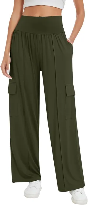 Womens Baggy Wide Leg Pants Plus Size Casual Loose Elastic Waisted Comfy Palazzo Lounge Harem Pants with Pockets