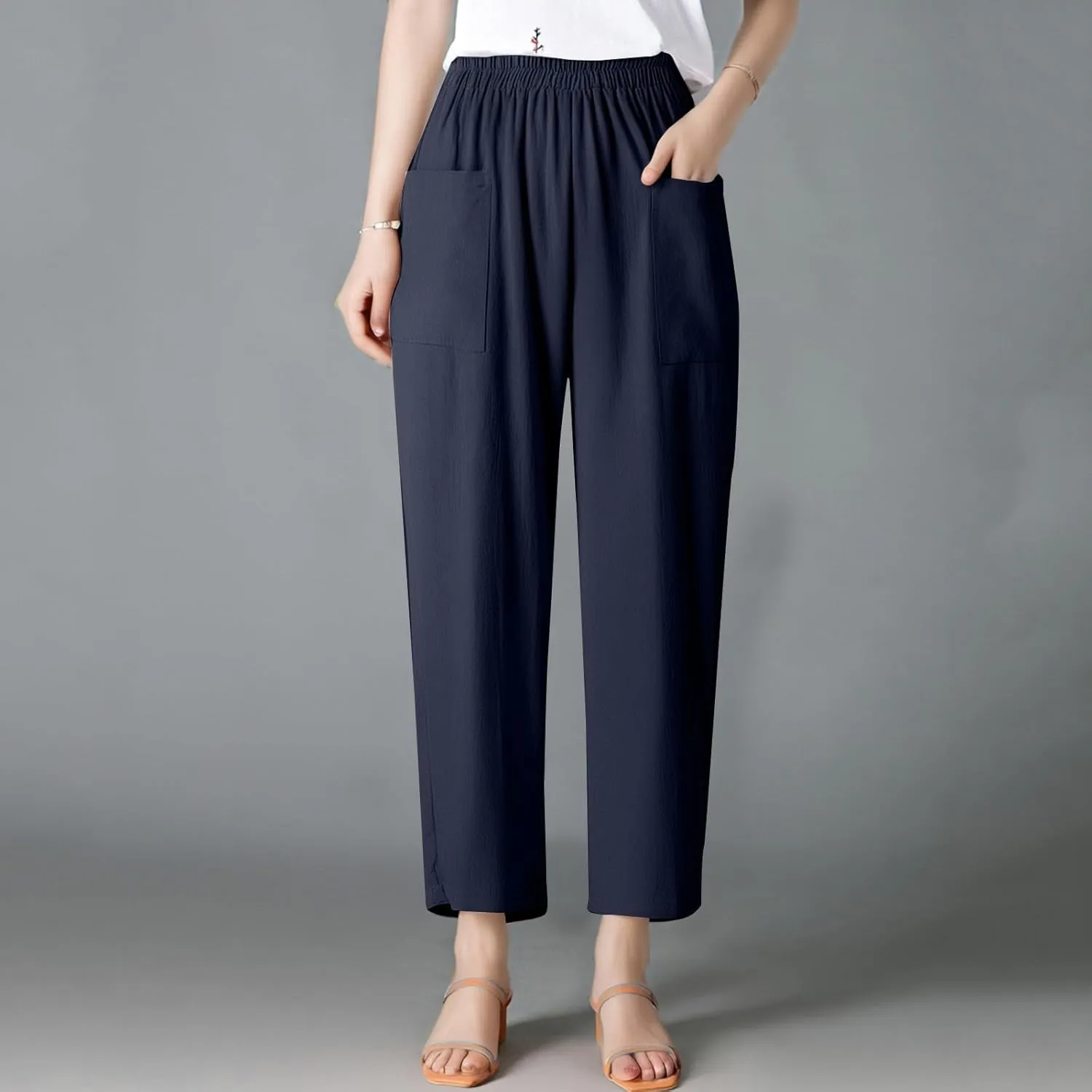 Womens Baggy Wide Leg Pants Plus Size Casual Loose Elastic Waisted Comfy Palazzo Lounge Harem Pants with Pockets