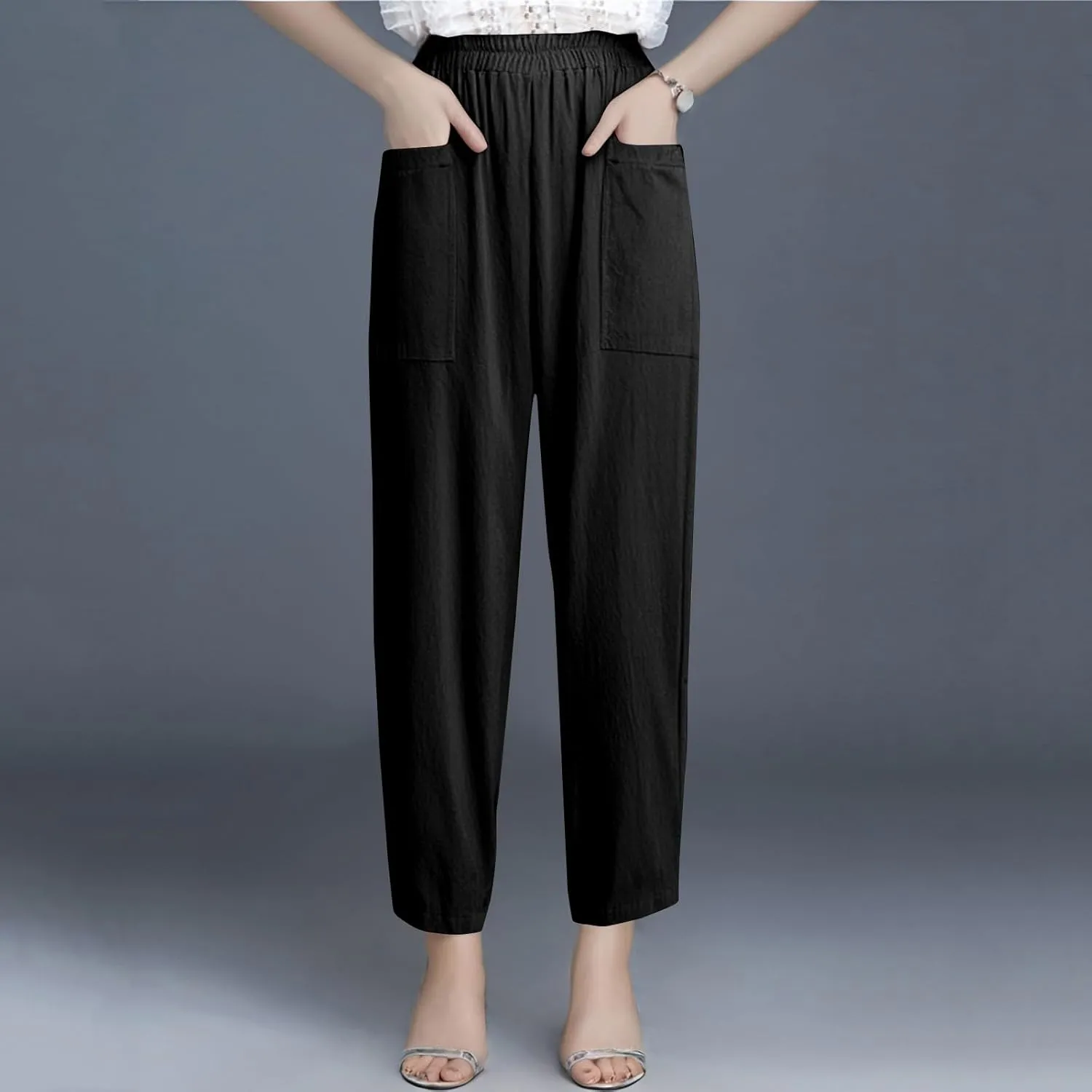 Womens Baggy Wide Leg Pants Plus Size Casual Loose Elastic Waisted Comfy Palazzo Lounge Harem Pants with Pockets