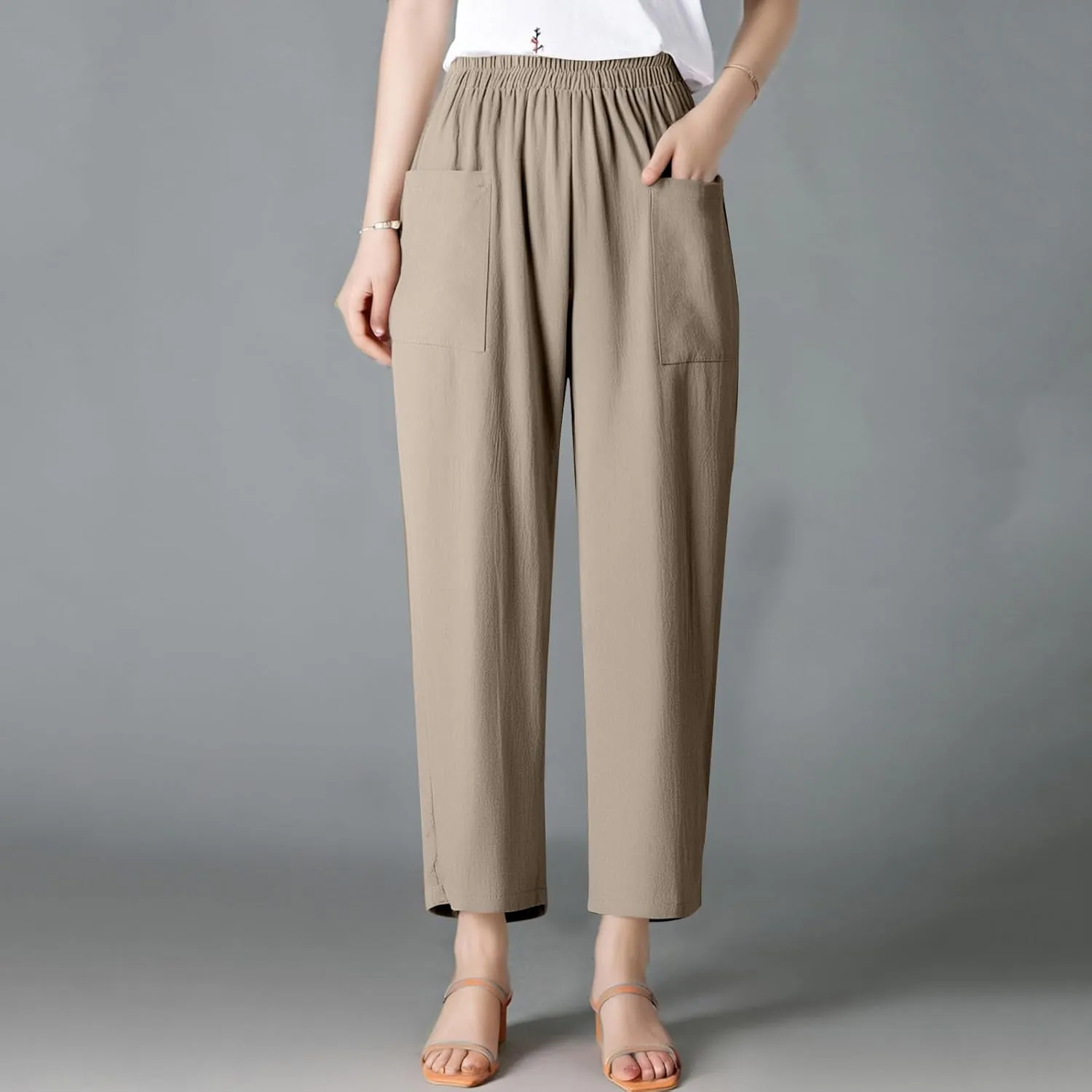 Womens Baggy Wide Leg Pants Plus Size Casual Loose Elastic Waisted Comfy Palazzo Lounge Harem Pants with Pockets