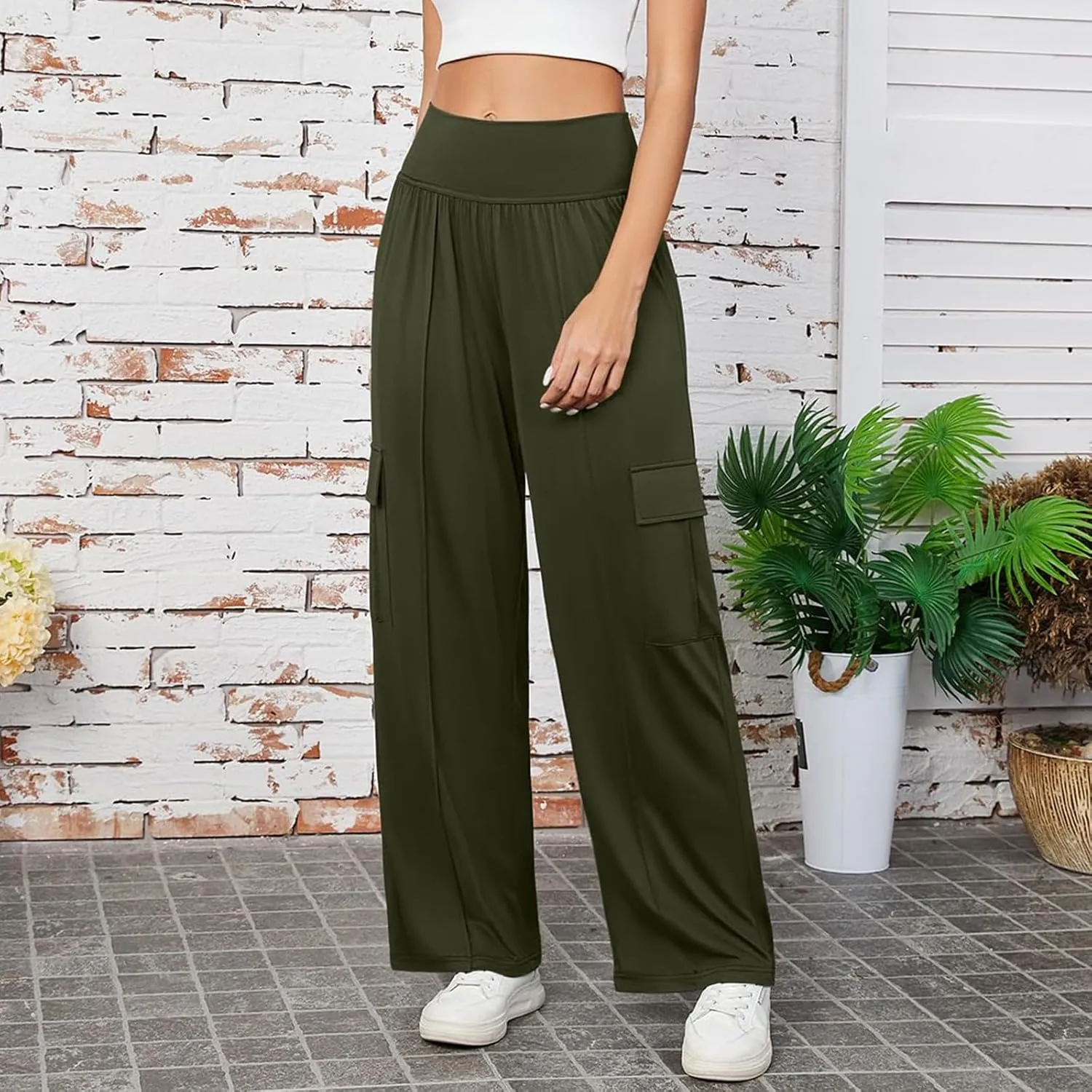 Womens Baggy Wide Leg Pants Plus Size Casual Loose Elastic Waisted Comfy Palazzo Lounge Harem Pants with Pockets