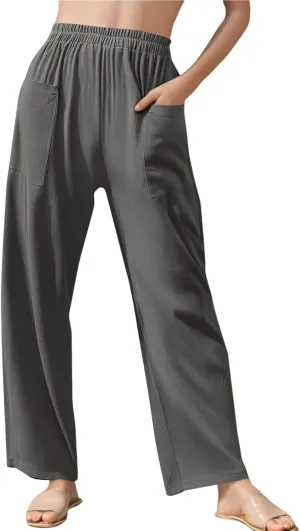 Womens Baggy Wide Leg Pants Plus Size Casual Loose Elastic Waisted Comfy Palazzo Lounge Harem Pants with Pockets