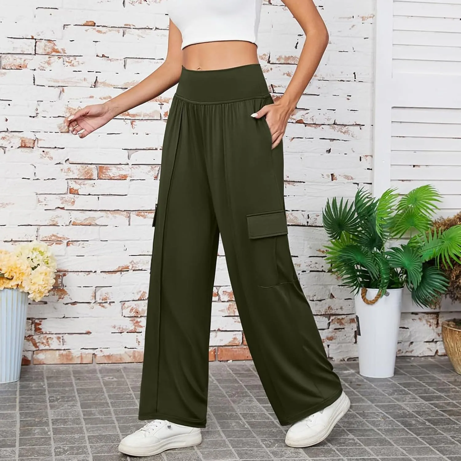 Womens Baggy Wide Leg Pants Plus Size Casual Loose Elastic Waisted Comfy Palazzo Lounge Harem Pants with Pockets