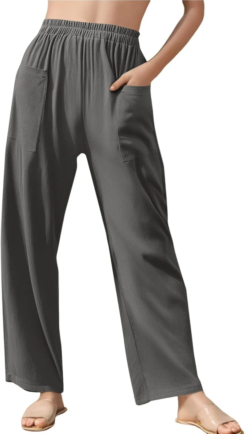 Womens Baggy Wide Leg Pants Plus Size Casual Loose Elastic Waisted Comfy Palazzo Lounge Harem Pants with Pockets