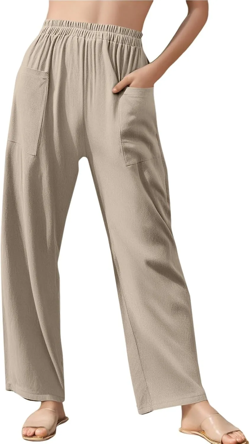 Womens Baggy Wide Leg Pants Plus Size Casual Loose Elastic Waisted Comfy Palazzo Lounge Harem Pants with Pockets