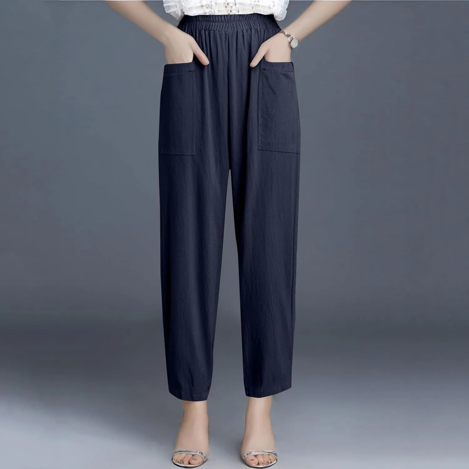 Womens Baggy Wide Leg Pants Plus Size Casual Loose Elastic Waisted Comfy Palazzo Lounge Harem Pants with Pockets