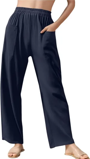 Womens Baggy Wide Leg Pants Plus Size Casual Loose Elastic Waisted Comfy Palazzo Lounge Harem Pants with Pockets