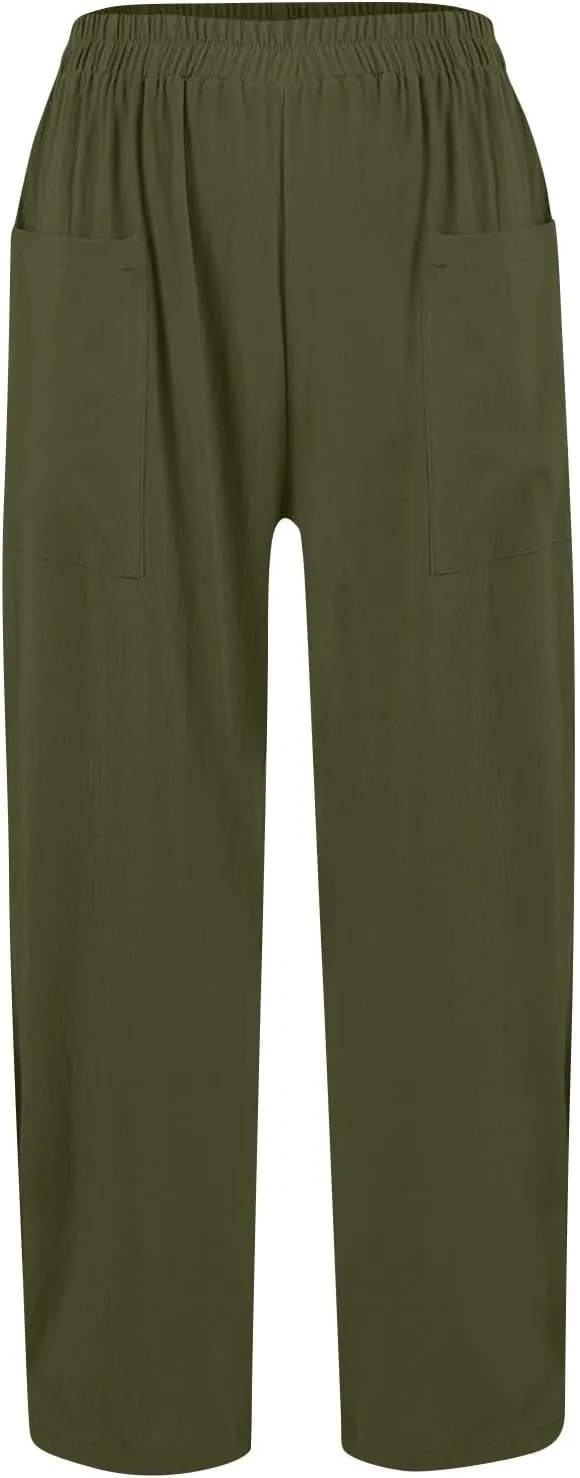 Womens Baggy Wide Leg Pants Plus Size Casual Loose Elastic Waisted Comfy Palazzo Lounge Harem Pants with Pockets