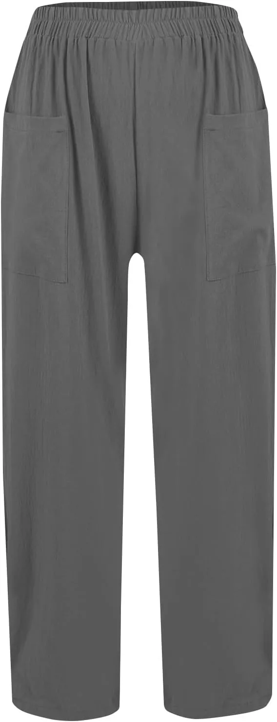 Womens Baggy Wide Leg Pants Plus Size Casual Loose Elastic Waisted Comfy Palazzo Lounge Harem Pants with Pockets