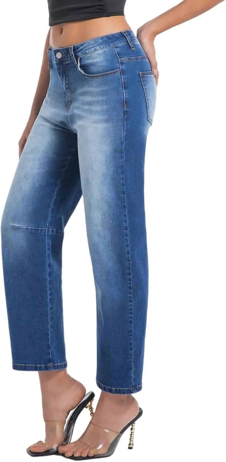 Womens Barrel Jeans Wide Leg High Waisted Stretchy Cropped Denim Jeans Baggy Ankle Pants