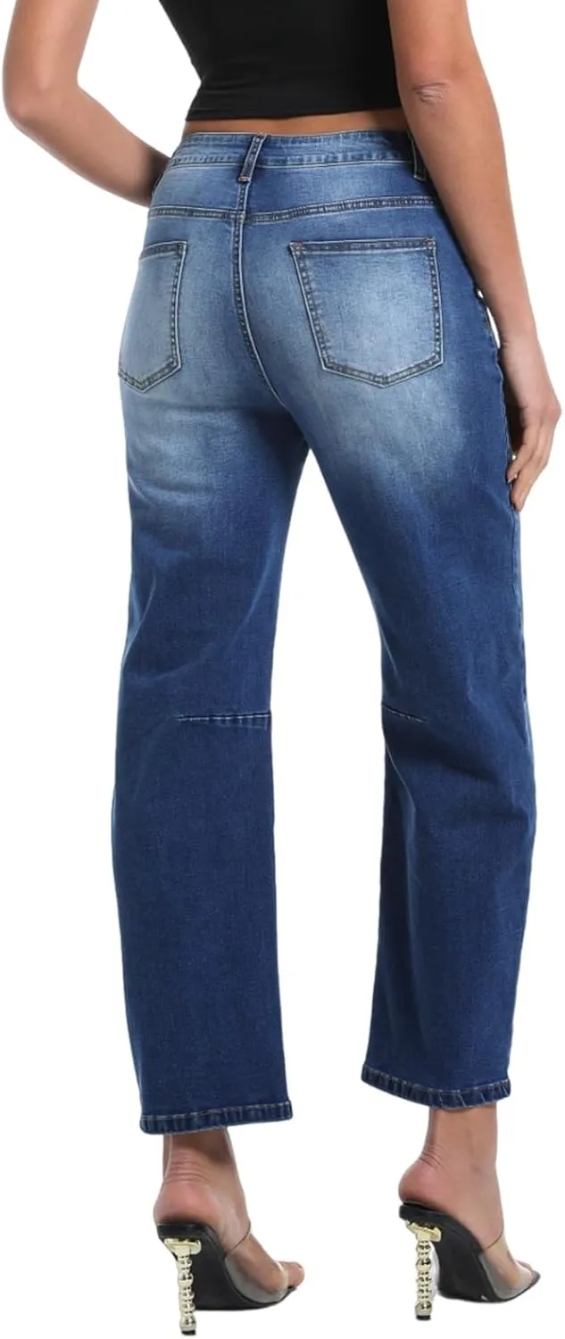 Womens Barrel Jeans Wide Leg High Waisted Stretchy Cropped Denim Jeans Baggy Ankle Pants