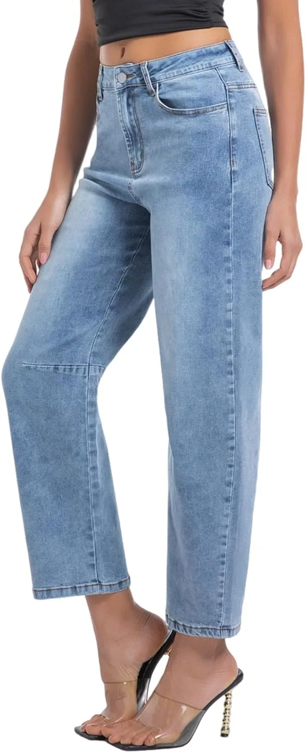 Womens Barrel Jeans Wide Leg High Waisted Stretchy Cropped Denim Jeans Baggy Ankle Pants