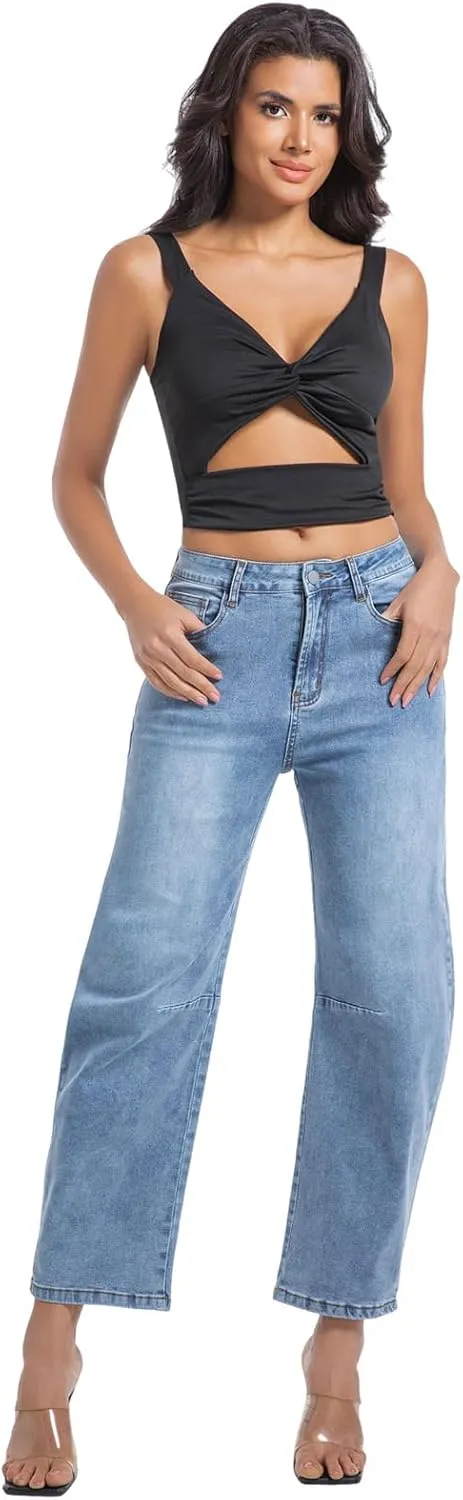 Womens Barrel Jeans Wide Leg High Waisted Stretchy Cropped Denim Jeans Baggy Ankle Pants