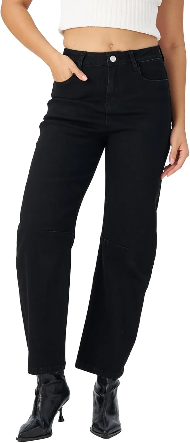 Womens Barrel Jeans Wide Leg High Waisted Stretchy Cropped Denim Jeans Baggy Ankle Pants