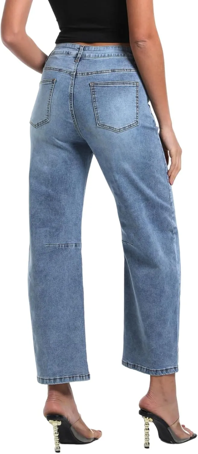 Womens Barrel Jeans Wide Leg High Waisted Stretchy Cropped Denim Jeans Baggy Ankle Pants