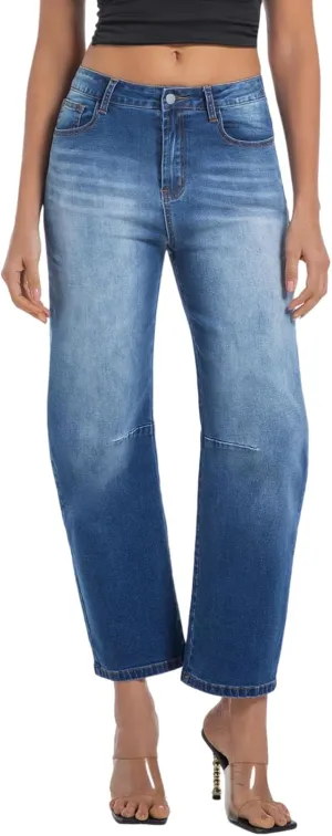 Womens Barrel Jeans Wide Leg High Waisted Stretchy Cropped Denim Jeans Baggy Ankle Pants