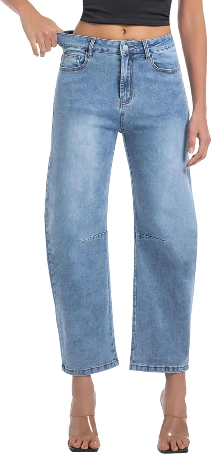 Womens Barrel Jeans Wide Leg High Waisted Stretchy Cropped Denim Jeans Baggy Ankle Pants