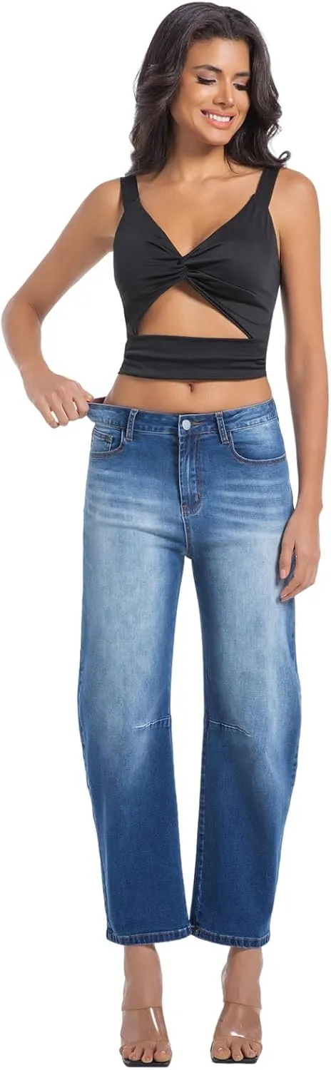Womens Barrel Jeans Wide Leg High Waisted Stretchy Cropped Denim Jeans Baggy Ankle Pants