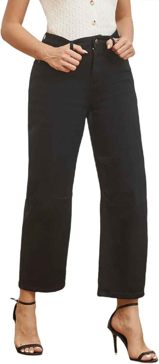Womens Barrel Jeans Wide Leg High Waisted Stretchy Cropped Denim Jeans Baggy Ankle Pants