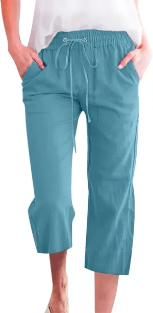 Women's Bottoms Solid Color Cotton Linen Elastic Seven Pants Beach Casual Pants Linen Summer Drawstring Waist Wide Leg