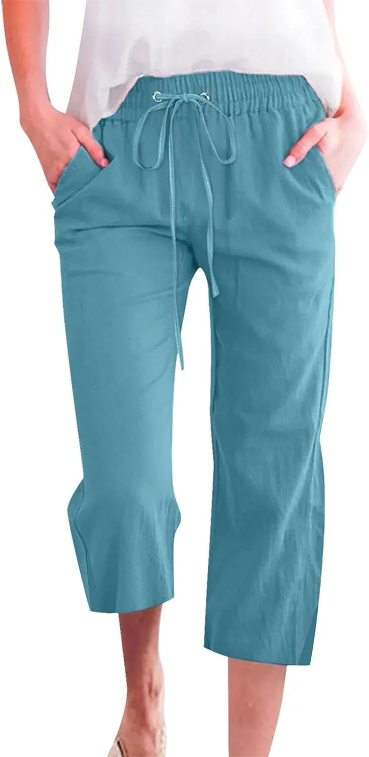 Women's Bottoms Solid Color Cotton Linen Elastic Seven Pants Beach Casual Pants Linen Summer Drawstring Waist Wide Leg