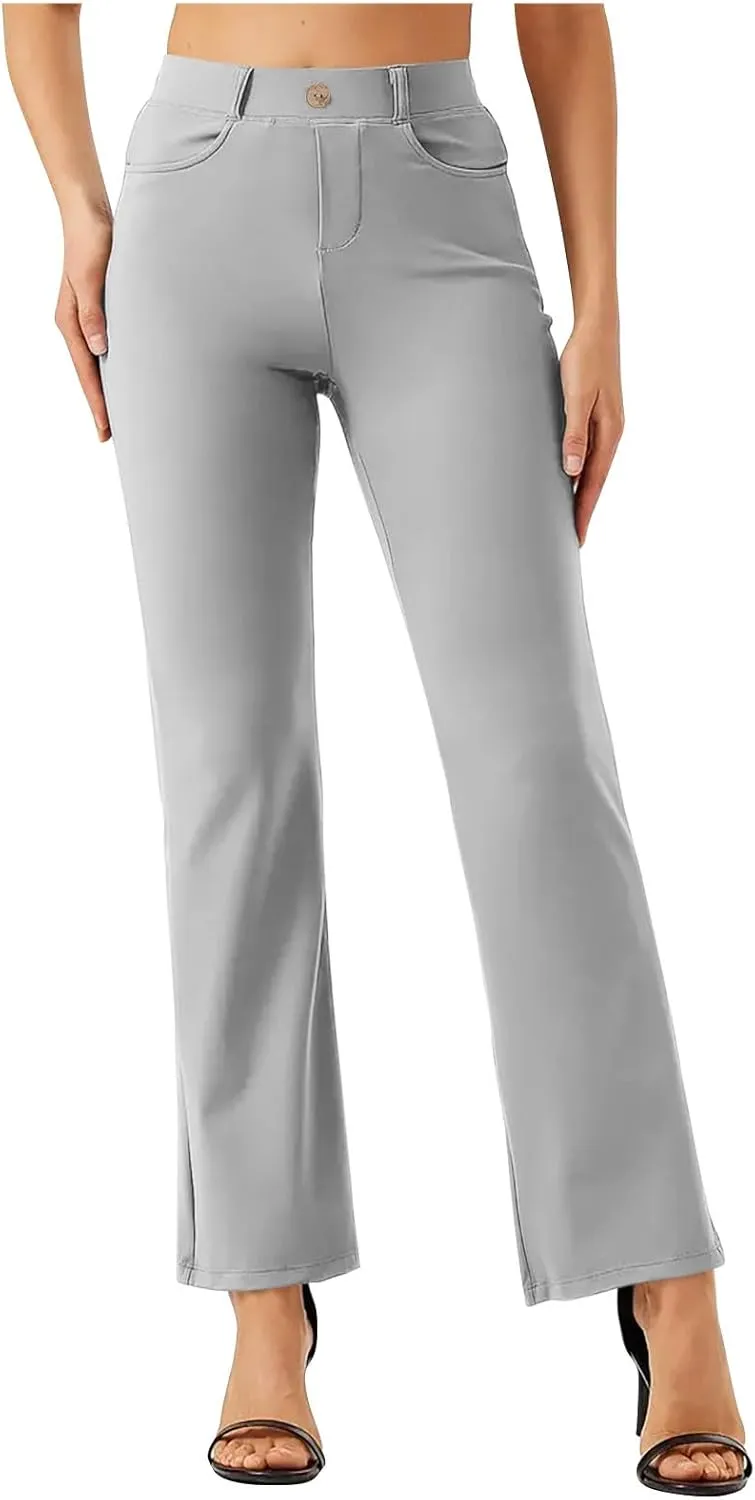 Womens Business Work Pants with Pockets Stretchy Straight Leg Dress Pants High Waist Office Slacks Trousers
