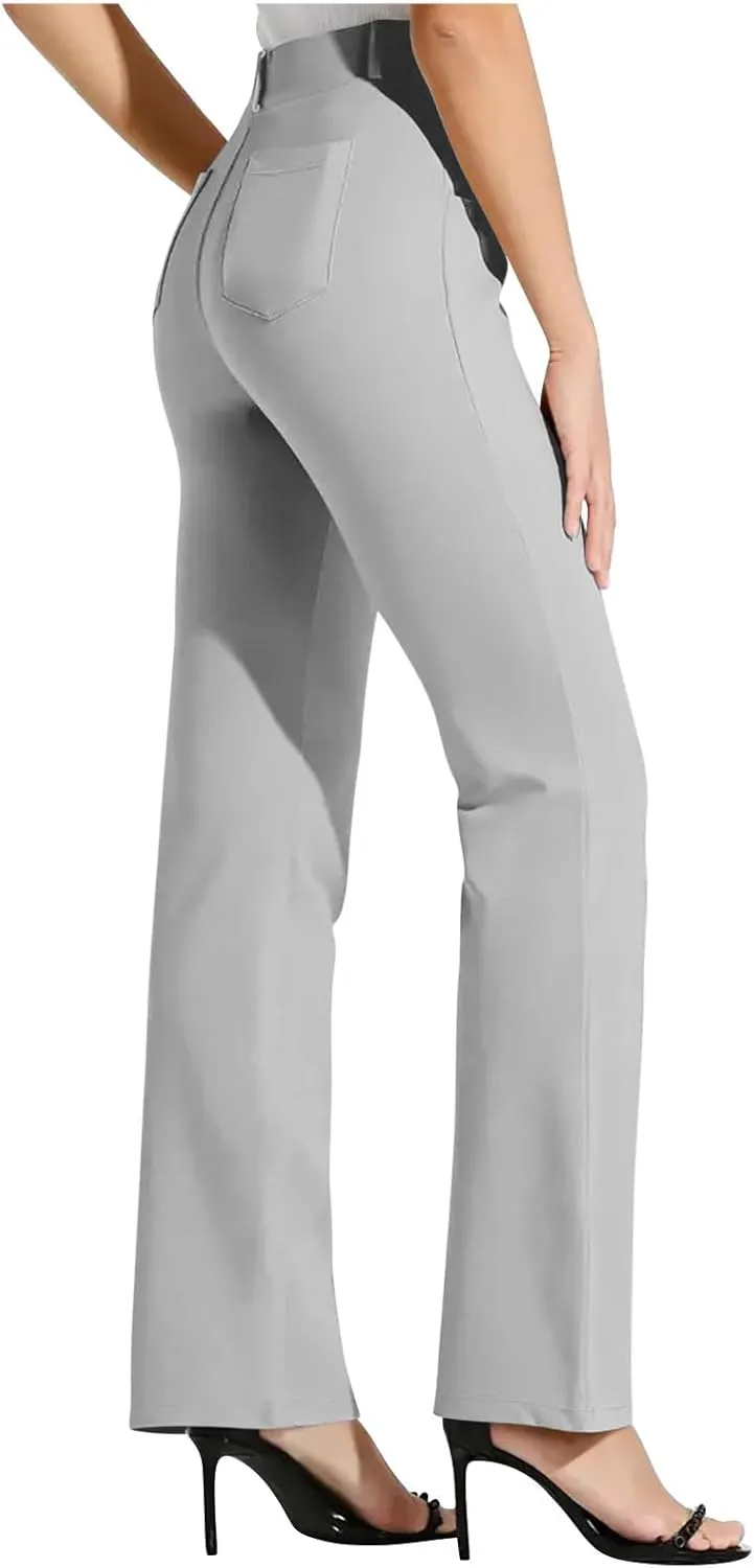 Womens Business Work Pants with Pockets Stretchy Straight Leg Dress Pants High Waist Office Slacks Trousers