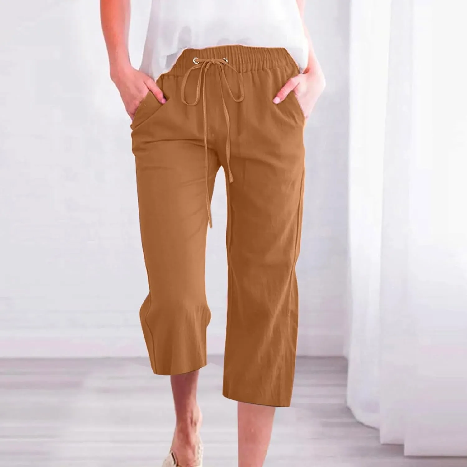 Womens Casual Cotton Linen Capri Pants Drawstring Elastic Waist Wide Leg Trousers Beach Vacation Outfits