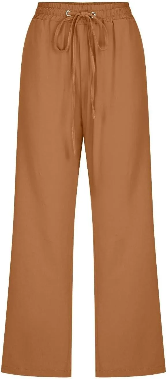 Womens Casual Cotton Linen Capri Pants Drawstring Elastic Waist Wide Leg Trousers Beach Vacation Outfits