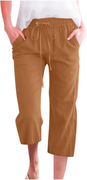 Womens Casual Cotton Linen Capri Pants Drawstring Elastic Waist Wide Leg Trousers Beach Vacation Outfits