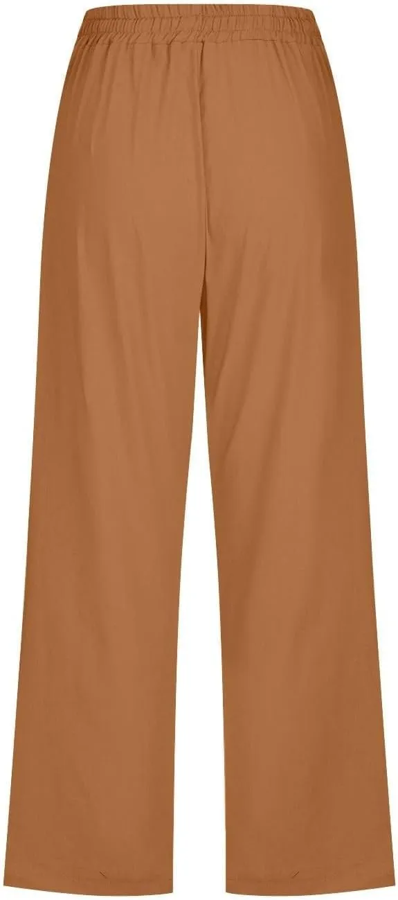 Womens Casual Cotton Linen Capri Pants Drawstring Elastic Waist Wide Leg Trousers Beach Vacation Outfits