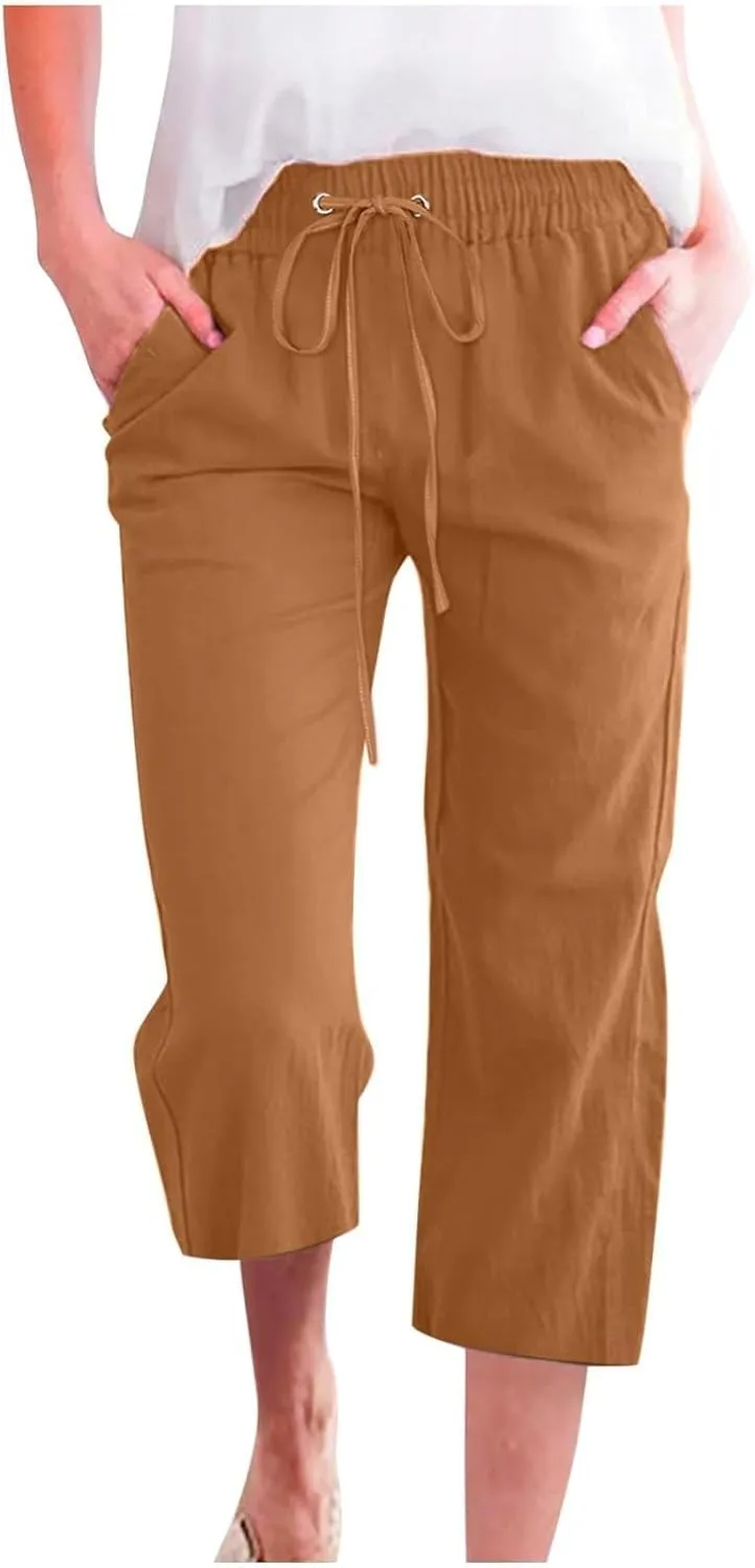 Womens Casual Cotton Linen Capri Pants Drawstring Elastic Waist Wide Leg Trousers Beach Vacation Outfits