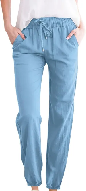 Women's Casual Cotton Linen Pants Lightweight Summer Relax Fit Elastic Waist Plus Size Solid Lounge Long Trousers