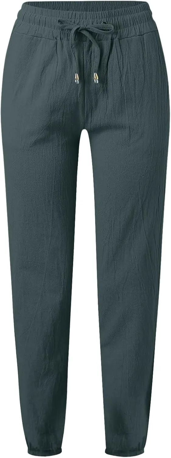 Women's Casual Cotton Linen Pants Lightweight Summer Relax Fit Elastic Waist Plus Size Solid Lounge Long Trousers