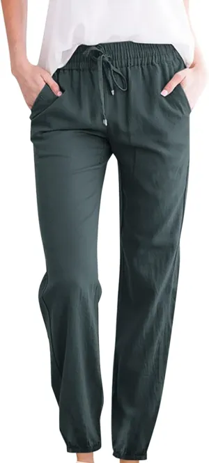 Women's Casual Cotton Linen Pants Lightweight Summer Relax Fit Elastic Waist Plus Size Solid Lounge Long Trousers