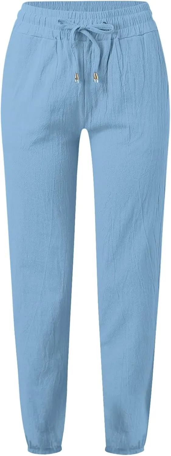 Women's Casual Cotton Linen Pants Lightweight Summer Relax Fit Elastic Waist Plus Size Solid Lounge Long Trousers