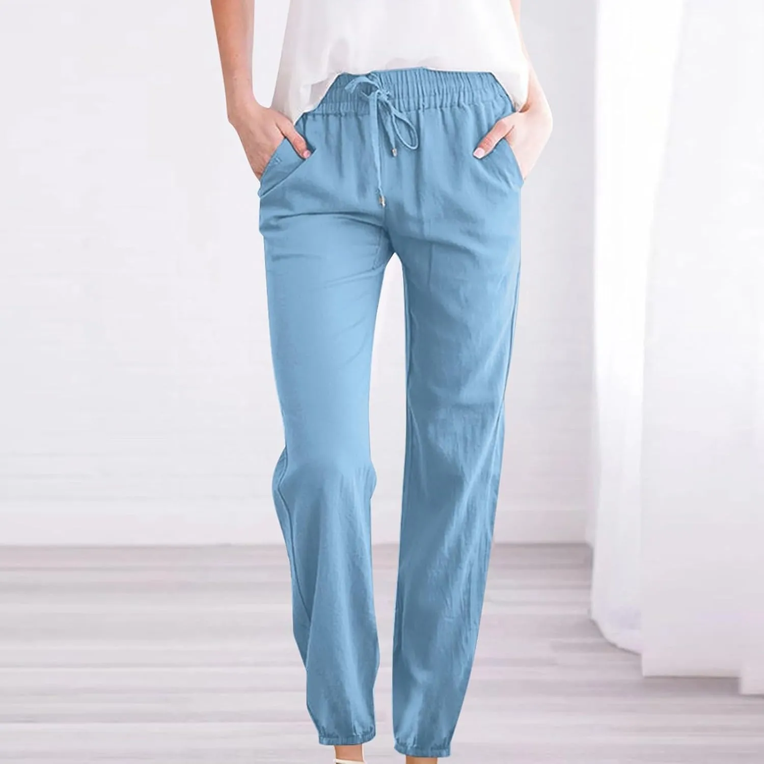 Women's Casual Cotton Linen Pants Lightweight Summer Relax Fit Elastic Waist Plus Size Solid Lounge Long Trousers