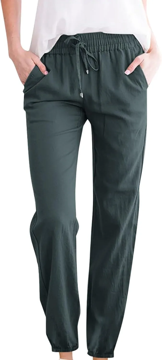 Women's Casual Cotton Linen Pants Lightweight Summer Relax Fit Elastic Waist Plus Size Solid Lounge Long Trousers