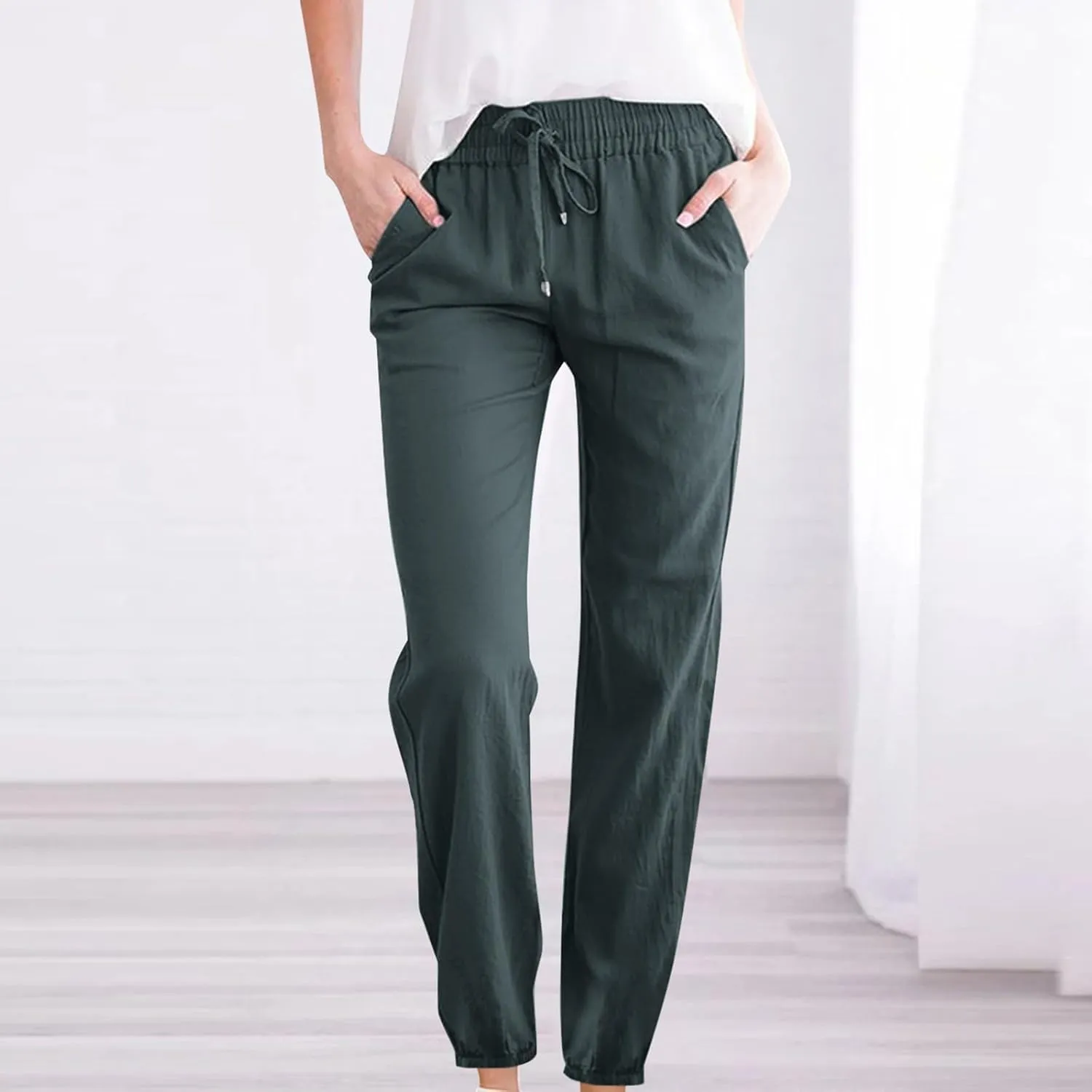 Women's Casual Cotton Linen Pants Lightweight Summer Relax Fit Elastic Waist Plus Size Solid Lounge Long Trousers