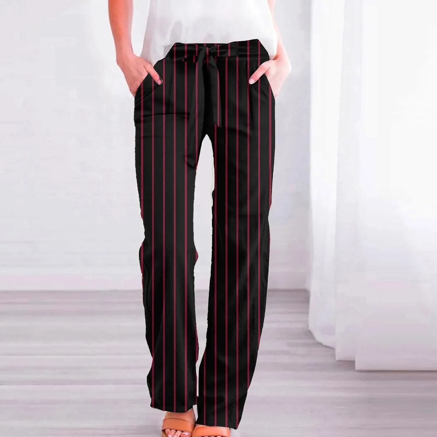 Women's Casual Cotton Linen Striped Print Belt Elastic Waist Beach Pants Wide Leg Drawstring Straight Leg Trousers