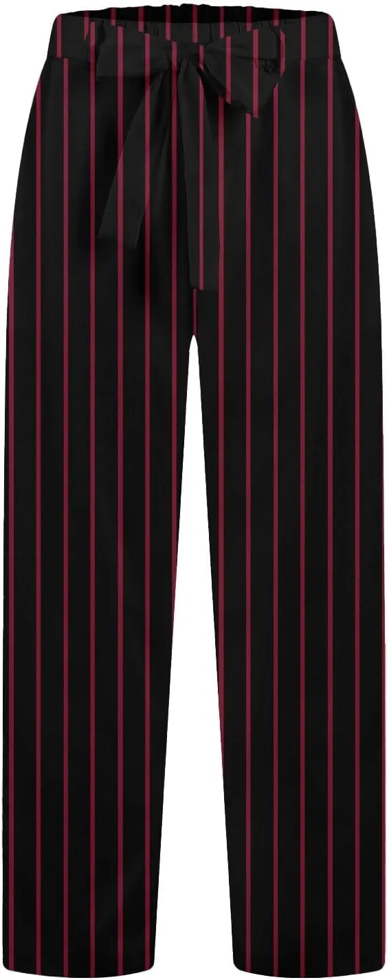 Women's Casual Cotton Linen Striped Print Belt Elastic Waist Beach Pants Wide Leg Drawstring Straight Leg Trousers