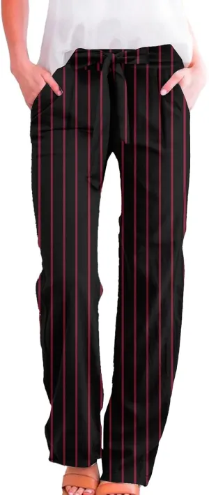 Women's Casual Cotton Linen Striped Print Belt Elastic Waist Beach Pants Wide Leg Drawstring Straight Leg Trousers