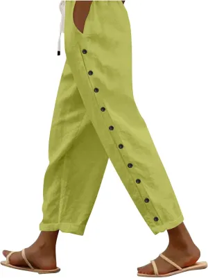 Womens Casual Lightweight Drawstring Elastic Waist Pants with Pockets Trendy Beach Straight Leg Slacks Capri Trousers